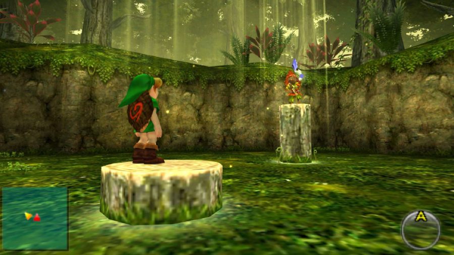 Link stands on a platform looking at another character 