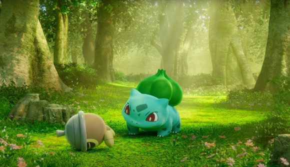 A Bulbasaur is hanging out in the forest with a Seedot