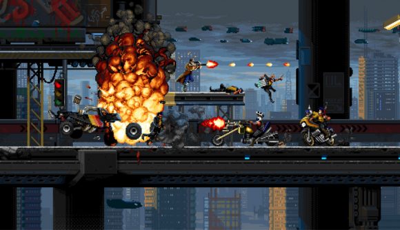 Explosions and flying bullets as character goes through the level