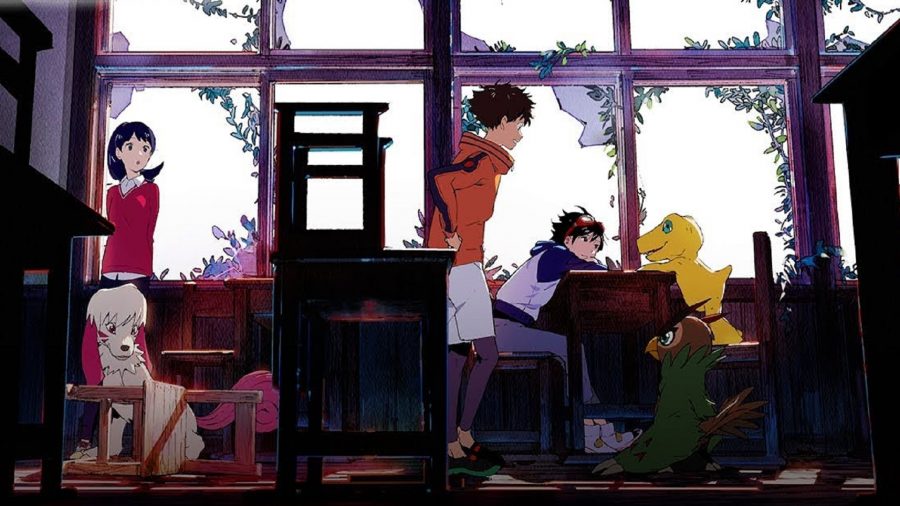 Digimon Survive characters sitting at a table