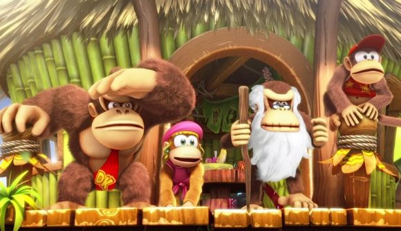 The Kong family stare in awe at the arriving Snowmad menace in Donkey Kong Country: Tropical Freeze.