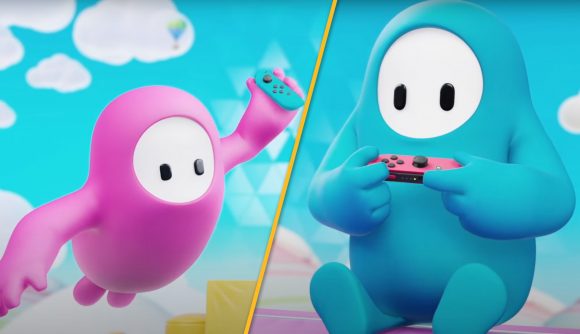 Two characters from Fall Guys, one blue, one pink, holding Joy-Con controllers for the Nintendo Switch