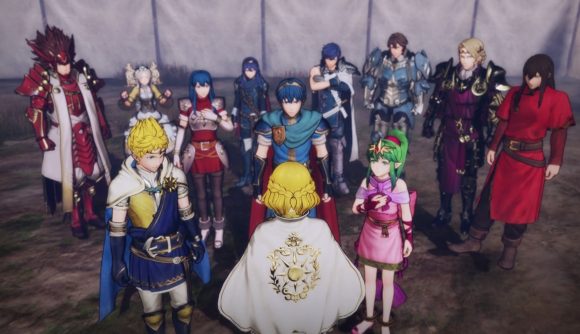 A group scene in Fire Emblem Warriors, featuring many iconic characters such as Marth, Chrom, Lucina and Ryoma.