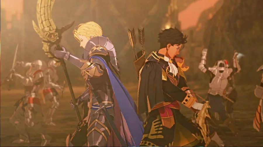A screenshot of Dimitri and Claude from Fire Emblem Three Houses, in the middle of a fight, who will both feature in Fire Emblem Warriors Three Hopes.