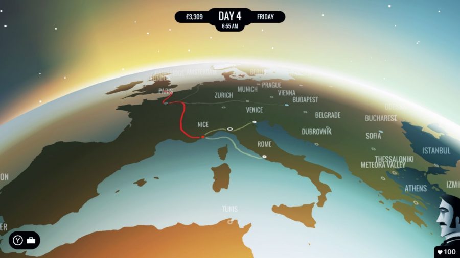 A screenshot from a game like Civilization, showing a globe with different routes dotted between major cities.