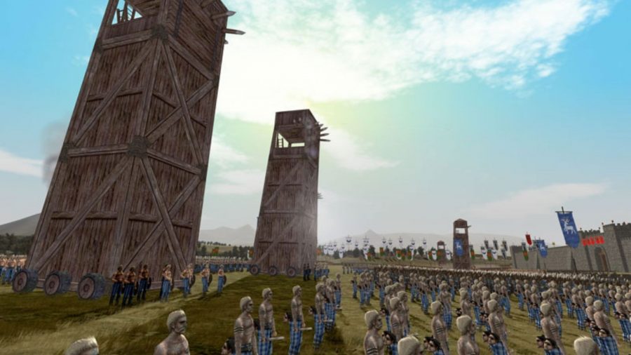A screenshot from a game like Civilization, Rome Total War, showing infantry towers blocking out the sun during a siege