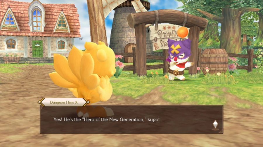 A chocobo having a conversation with a moogle