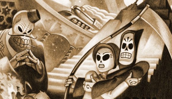 Artwork from Grim Fandango, showing the grim reaper character clutching a woman as a suspicious looking man rubs his hands together.