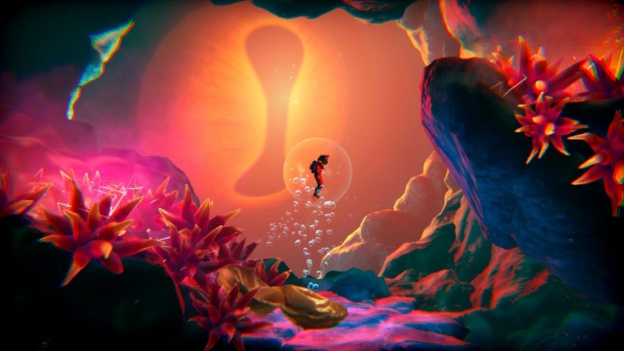 Ivan underwater, with a giant eye in the background, staring at him, in the game Little Orpheus.