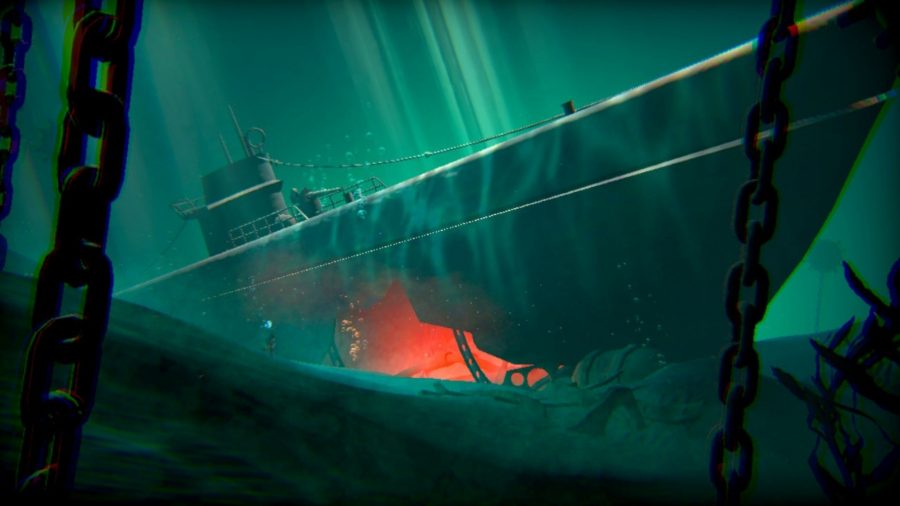 Ivan approaching a shipwrecked submarine in Little Orpheus