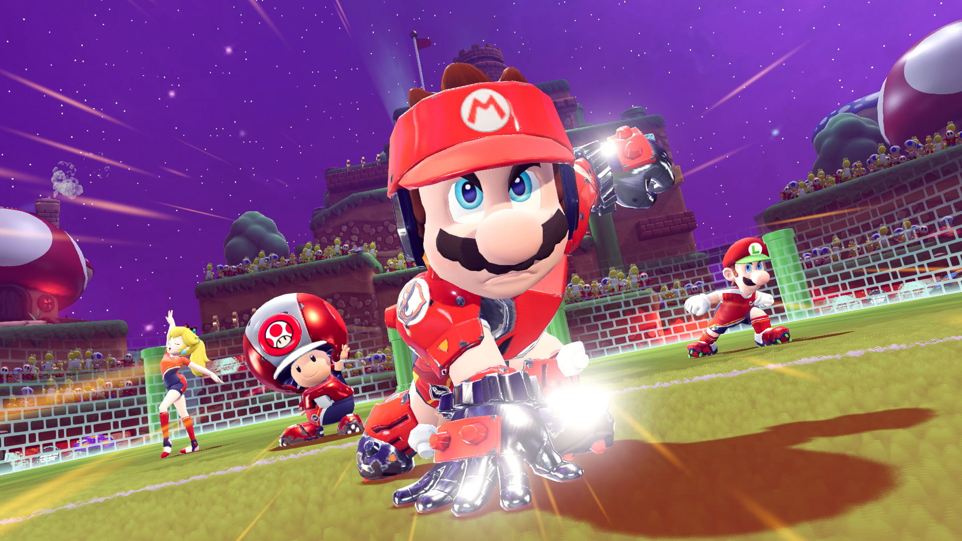 Mario charging forward on a football pitch in Mario Strikers Battle League