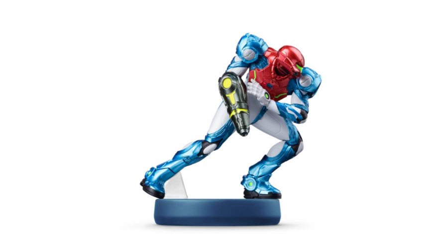 Samus Aran - in amiibo form - is visible against a white background