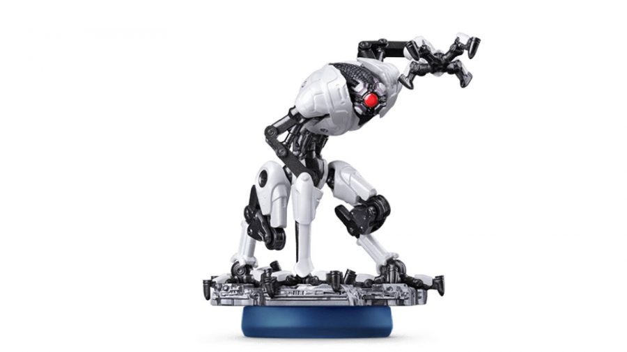 An E.M.M.I. robot - in amiibo form - is visible against a white background