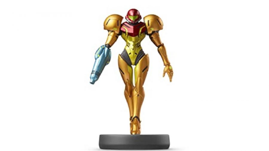 Samus Aran - in amiibo form - is visible against a white background