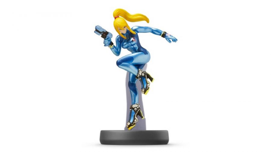 Zero Suit Samus - in amiibo form - is visible against a white background