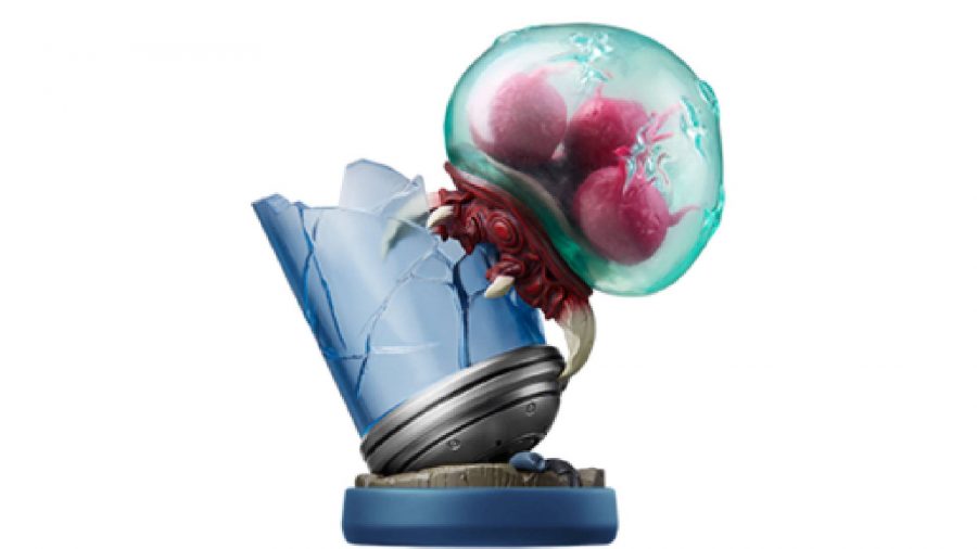 A Metroid has broken out of a containment unit - in amiibo form - is visible against a white background 