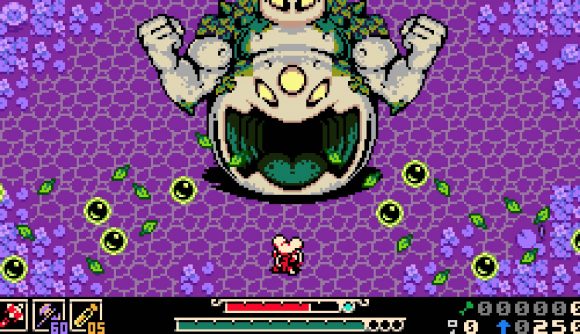 A pixelated scene shows Mina the mouse attacking a large golem enemy in a dungeon