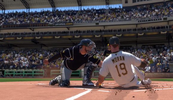 A picture of two players during a baseball game in MLB The Show 22.