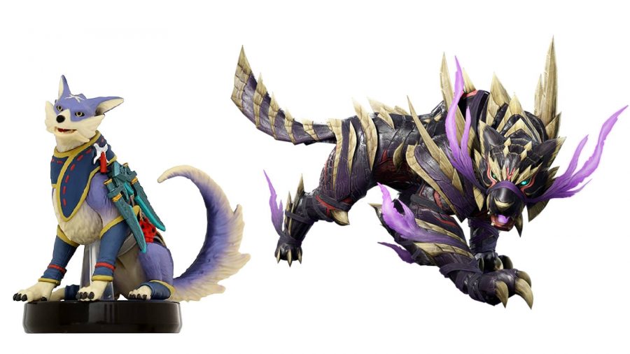 A Monster Hunter Rise palamute amiibo is shown alongside its layered armour 