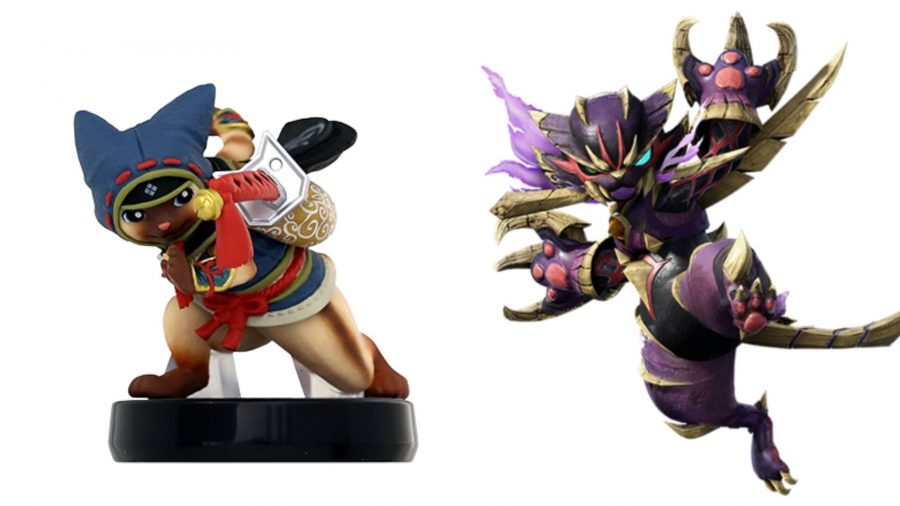 A Monster Hunter palico amiibo is shown alongside its layered armour