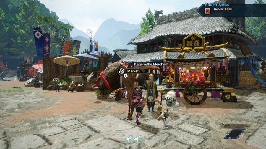 A Monster Hunter character stands in front of a market stall 