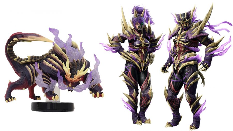 A Monster Hunter Rise Magnamalo amiibo is shown alongside matching layered armour 