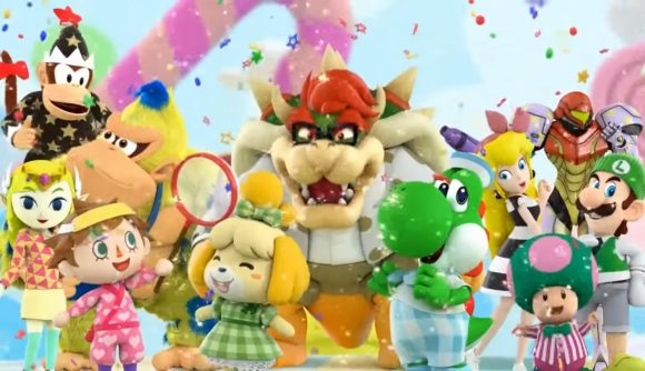 Donkey Kong, Diddy Kong, Bowser, Zelda, an Animal Crossing Villager, Isabelle, Yoshi, Princess Peach, Toad, Luigi and Samus Aran in swanky outfits, taken from a Japanese commercial for the Nintendo 3DS.