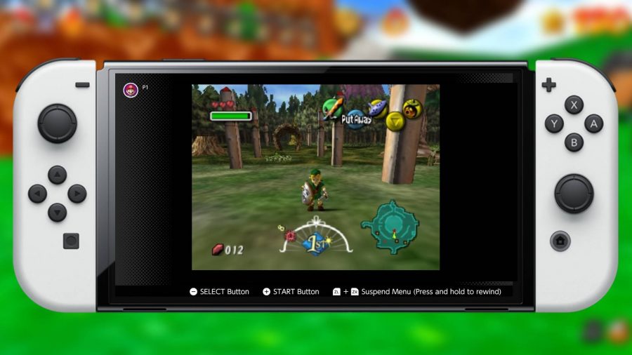 A Switch OLED model shows a screenshot from The Legend of Zelda Majora's Mask 