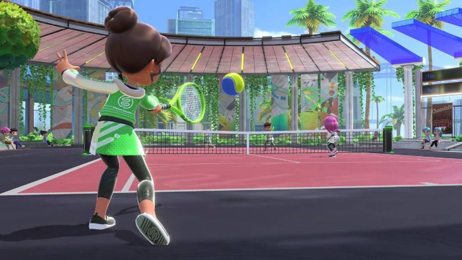 A female avatar hits a tennis ball