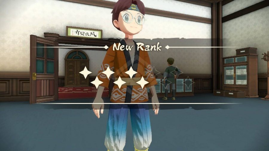 A trainer stands in a room while text denotes their increased star rank 