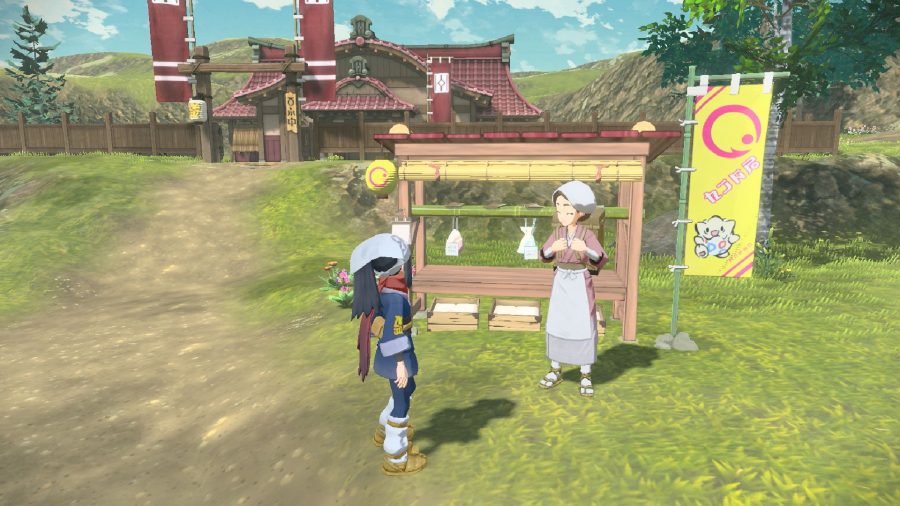 A picture of Simona at the trading post, who sells Pokemon Legends Arceus evolution items.