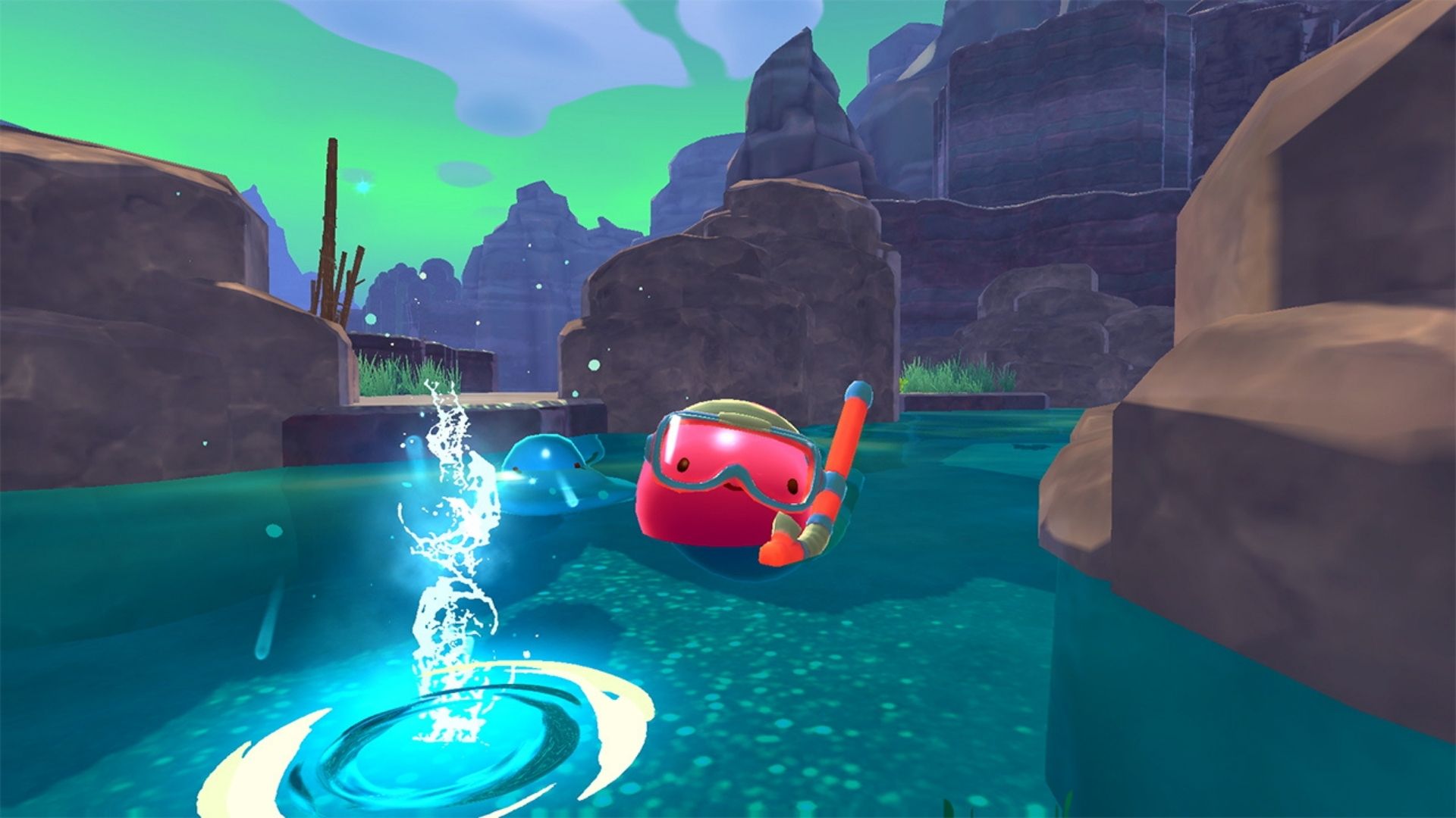 A screenshot from Slime Rancher showing a slime with water goggles on in a pool of water.