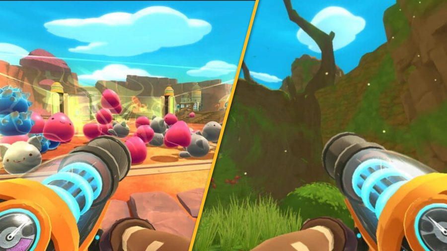 Two screenshots set up to show Slime Rancher multiplayer. The left one showing the weapon and some slimes, the right one showing the weapon and some greenery