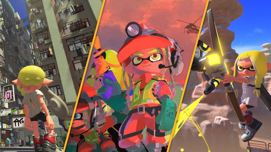 Three shots from Splatoon 3. the protagonist in the left one, standing back to us, looking at the city. The same character on the right, jumping in the air, squirting ink from a bow and arrow. In the middle, a different character decked out in orange worker wear, gun aloft.