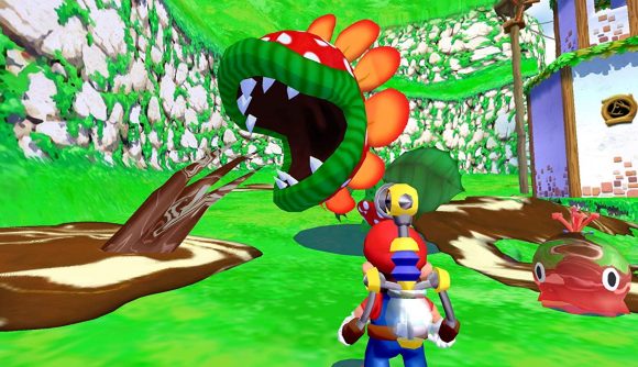 Petey Piranha vomits in Super Mario Sunshine, as played in Super Mario 3D All-Stars.