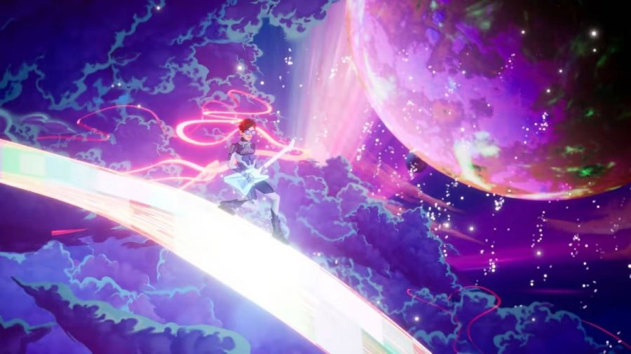 A character rides on the stars while playing a guitar