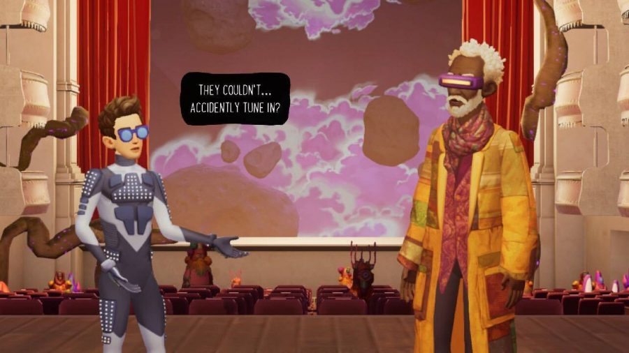 Two characters exchange dialogue in a large auditorium