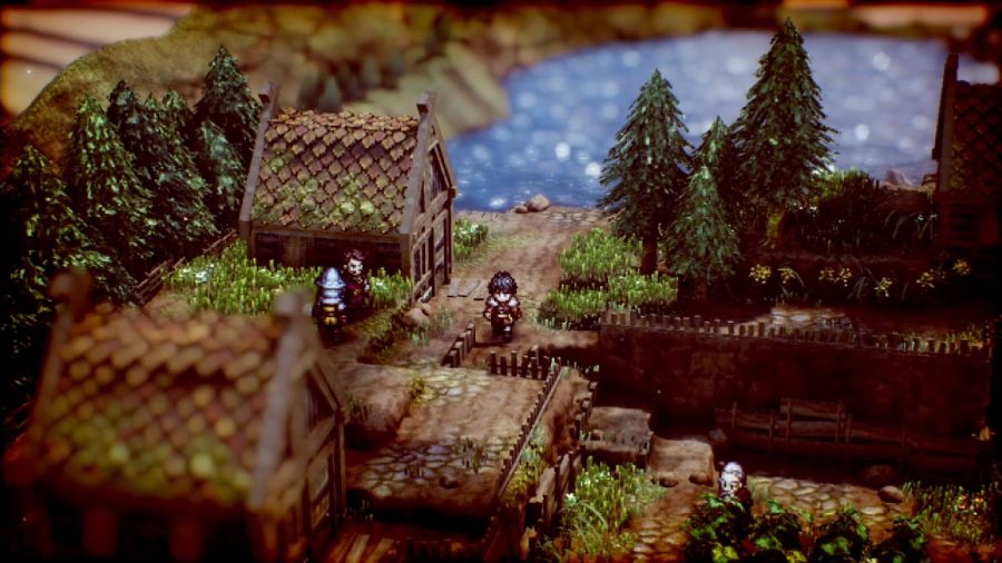 A pixelated scene shows Serenoa walking through a scenic village