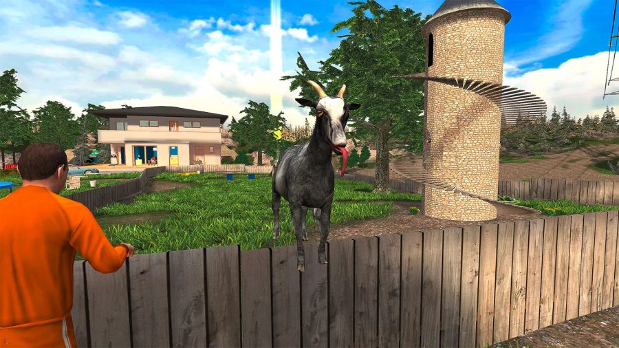 Screenshot of Goat Simulator mobile showing a goat on a fence