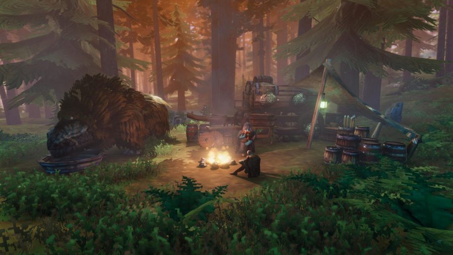 Screenshot of Valheim showing a group of characters sat around a fire