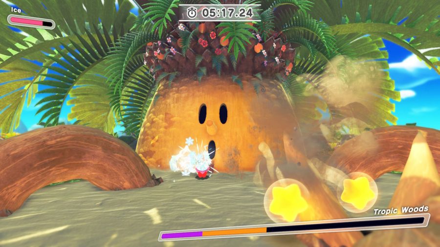 Kirby fighting a sentient palm tree