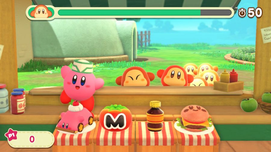 Kirby and a bunch of Waddle Dees at the start of the cafe mini game