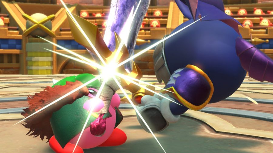 Kirby clashing swords with Meta Knight in the colosseum 