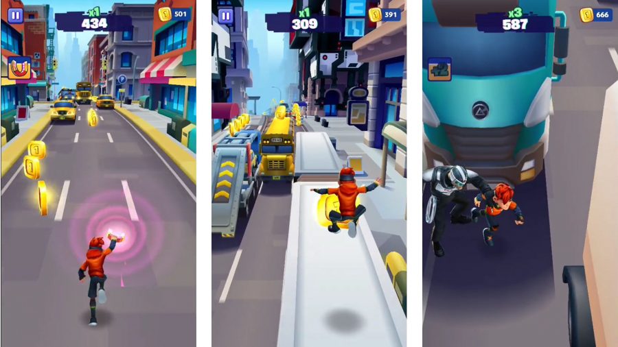 Metroland gameplay, showing the main character running along the road and collecting coins