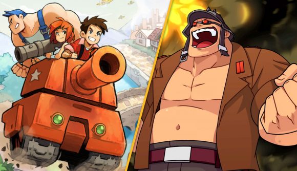 On the left, three characters from Advance Wars in a tank, on the right, a character from Advance Wars, arm akimbo.