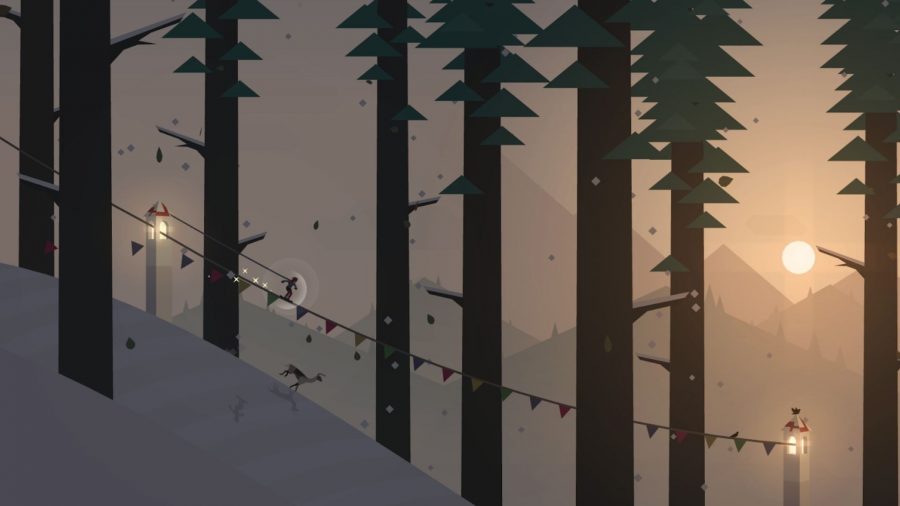 A snowboarder riding though the woods, chasing a llama, with bunting between the trees, in Alto's Adventure.