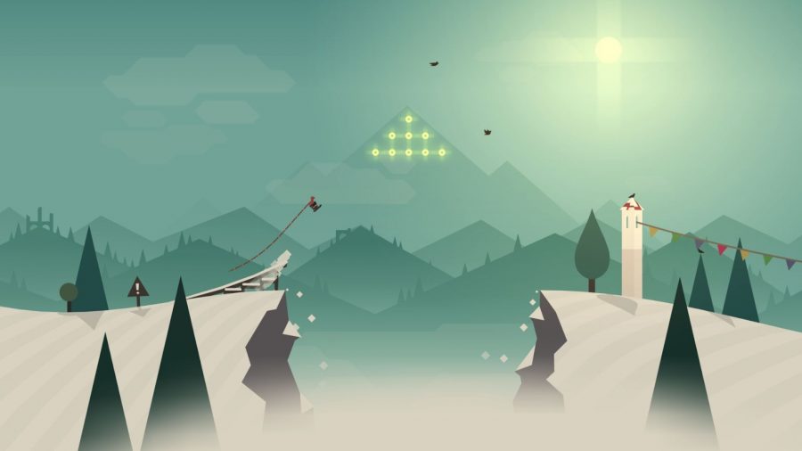 A snowboarder jumping over a large chasm, as there scarf blows miles back in the wind, in Alto's Adventure.