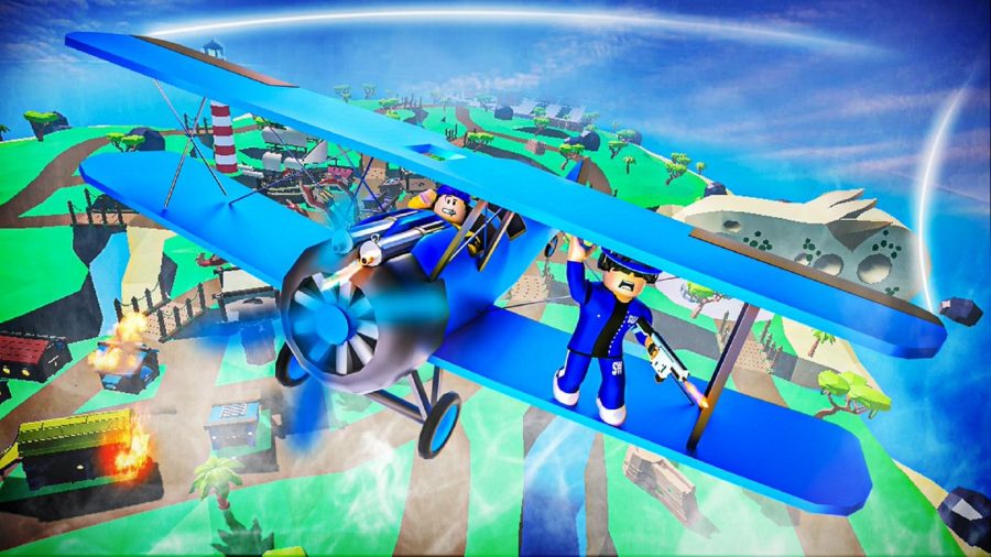 Base Battles characters riding in a blue plane