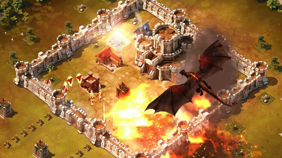 A dragon burning down a settlement in Siegefall