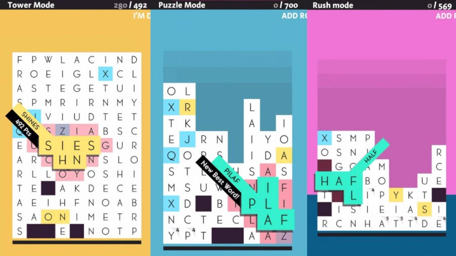 Three boards shoiw a game that looks like a mixture of Wordle and Tetris